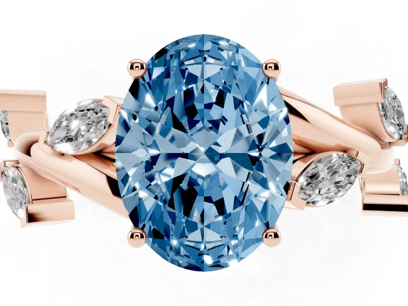 Fancy Blue Oval Cut Diamond Solitaire Ring Set in Rose gold with Twisted Marquise Accent Band