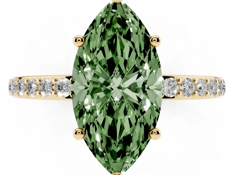 Fancy Green Marquise Cut Diamond Pavé Band Ring Set in Yellow gold with Prong-Set Center Stone