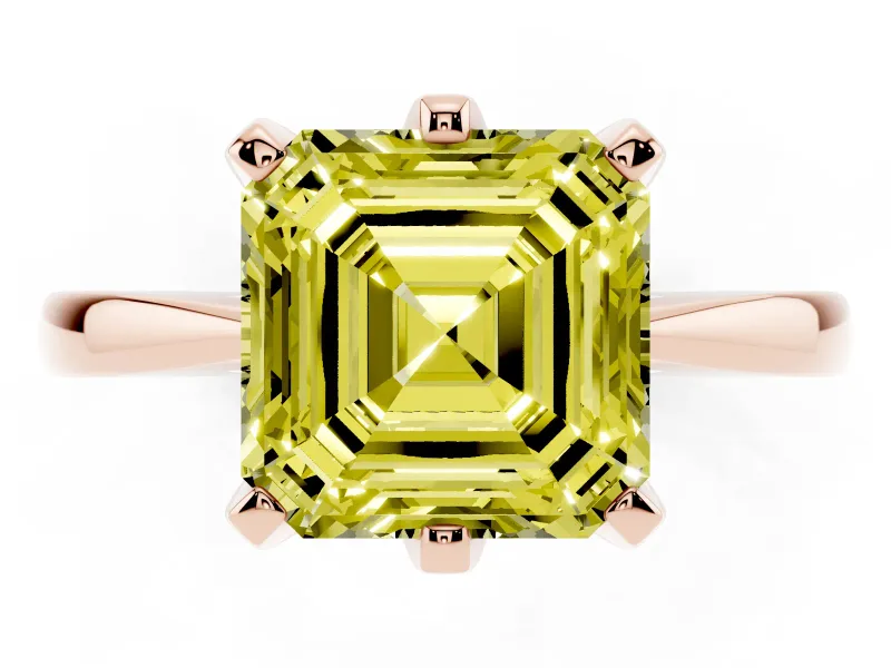 Fancy Yellow Asscher Cut Diamond Solitaire Engagement Ring Set in Rose gold with Slim Tapered Solitaire Band