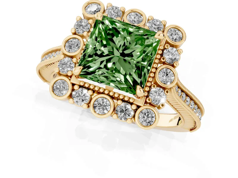 Princess Cut Scalloped Halo Engagement Ring Setting for a Fancy Green Lab-Grown Diamond | Milgrain Edges | Yellow Gold