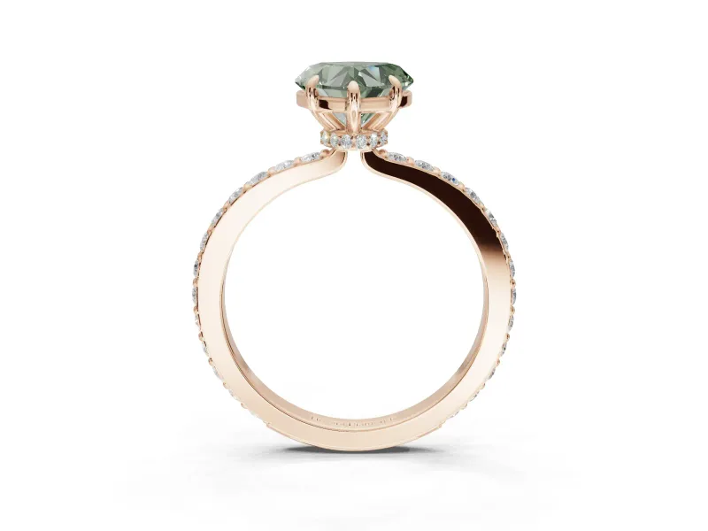Heart-Shaped Hidden Halo Engagement Ring Setting for a Fancy Green Lab-Grown Diamond | Pavé Band | Rose Gold