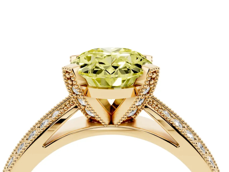 Fancy Yellow Oval Cut Diamond Solitaire Ring Set in Yellow gold with Milgrain Double Row Round Pavé Band