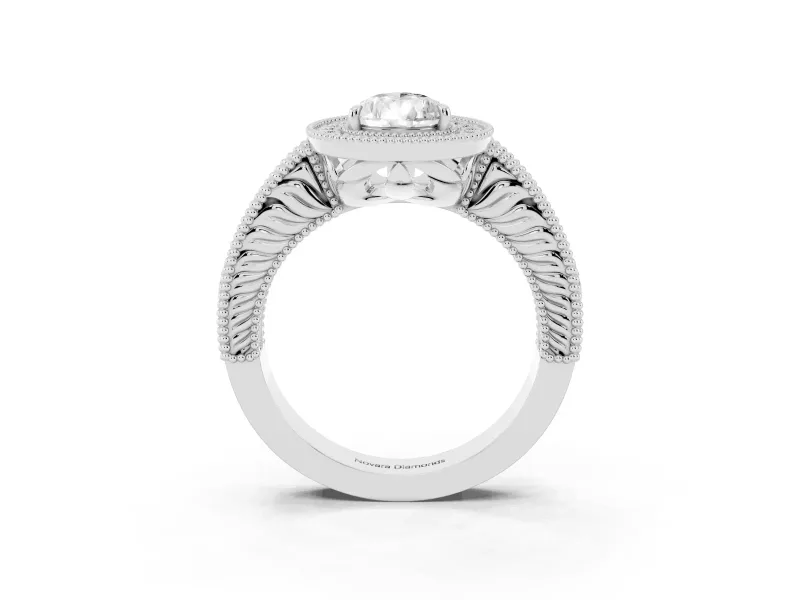 Pear-Shaped Vintage Milgrain Halo Engagement Ring Setting | Carved Leaf Detail | Platinum