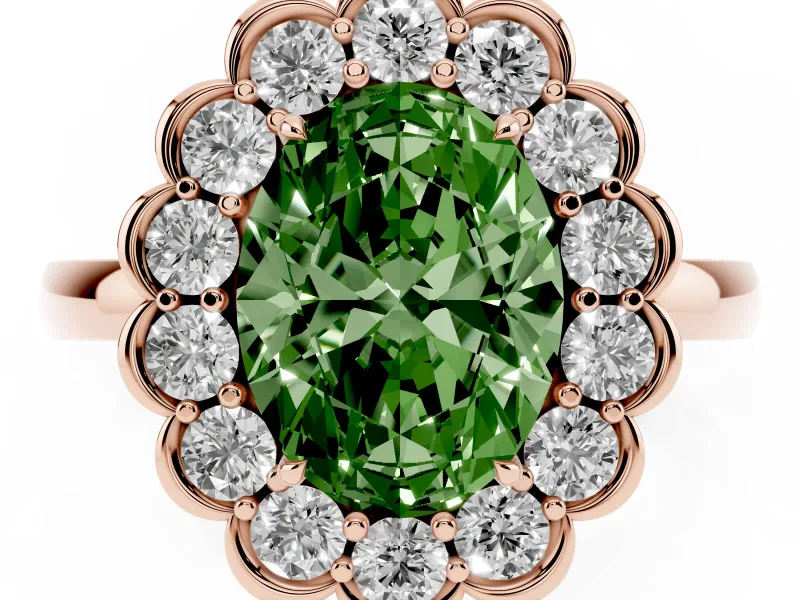 Oval Scalloped Cluster Halo Engagement Ring Setting for a Fancy Green Lab-Grown Diamond | Plain Band | Rose Gold