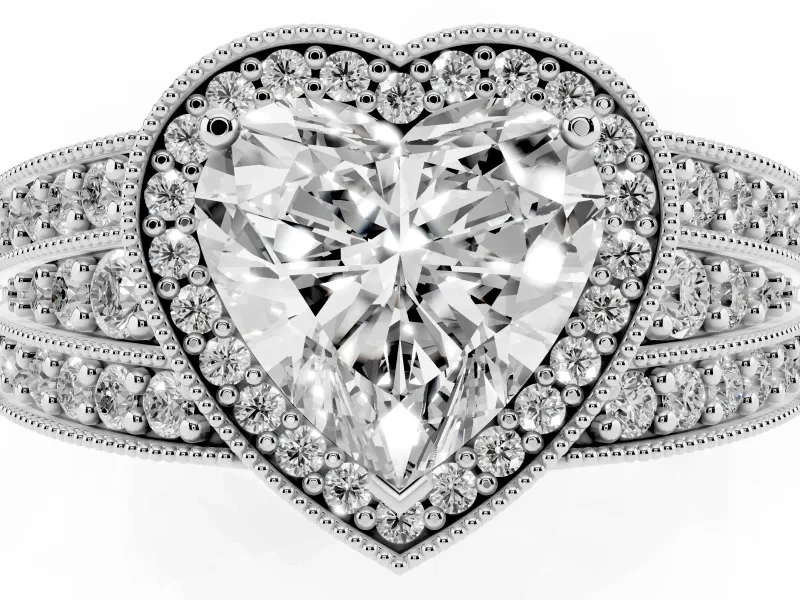 Heart Cut Diamond Halo Ring Set in Platinum with Accent Split Shank and Prong Setting