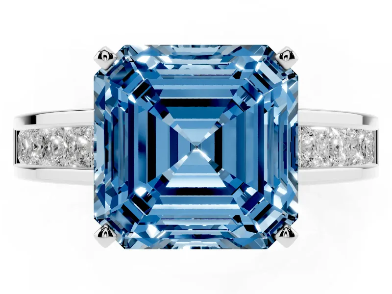 Fancy Blue Asscher Cut Diamond Solitaire Ring Set in White gold with Channel-Set Band and Prong Setting