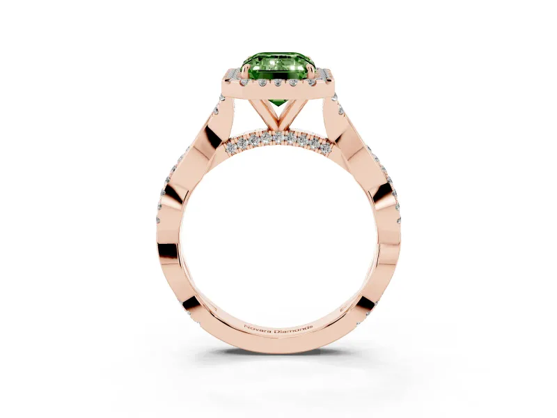 Emerald Cut Twist Halo Engagement Ring Setting for a Fancy Green Lab-Grown Diamond | Rose Gold