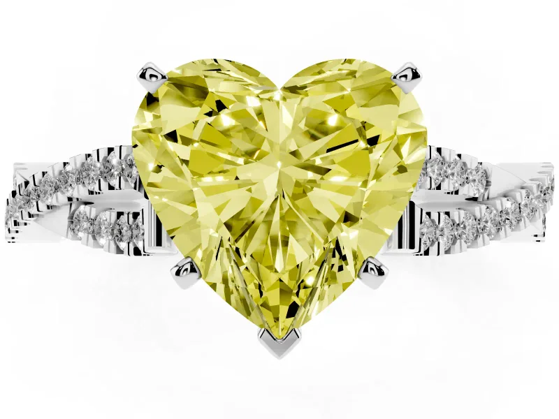 Fancy Yellow Heart Cut Diamond Solitaire Engagement Ring Set in White gold with Twisted Pavé Band and Prong Setting