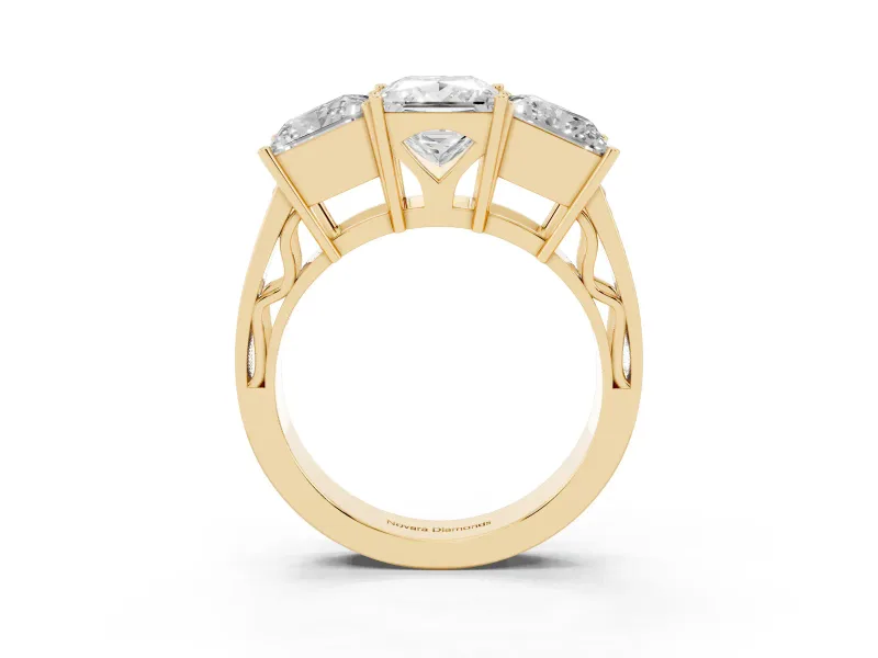 Princess Cut Three Stone Engagement Ring Setting | Beaded Shoulders | Yellow Gold