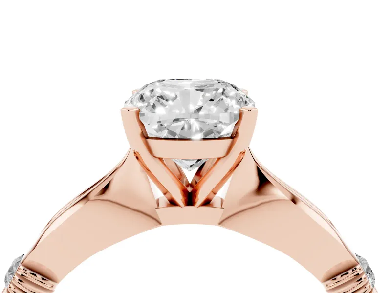 Cushion Cut Diamond Solitaire Twisted Band Ring Set in Rose gold with Accent Stones and Prong Setting
