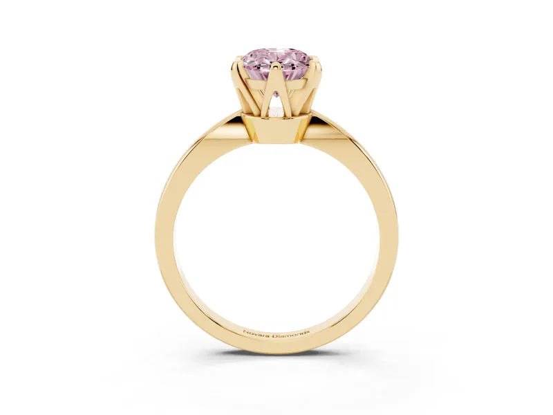 Fancy Pink Oval Cut Diamond Solitaire Engagement Ring Set in Yellow gold with Slim Tapered Solitaire Band