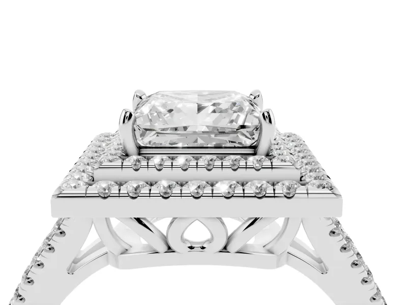 Princess Cut Double Halo Split Shank Engagement Ring Setting | Pavé Shoulders | White Gold