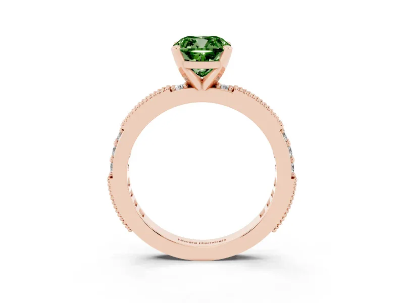 Fancy Green Cushion Cut Diamond Solitaire Ring Set in Rose gold with Slim Pavé Band and Prong Setting