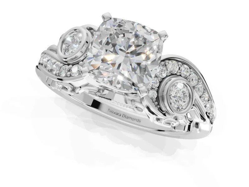 Cushion Cut Vintage Swirl Engagement Ring Setting | Bezel Side Accents | Sterling Silver