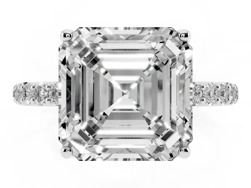 Asscher Cut Pave Solitaire Engagement Ring Setting | Fine Line Pave Band | White Gold