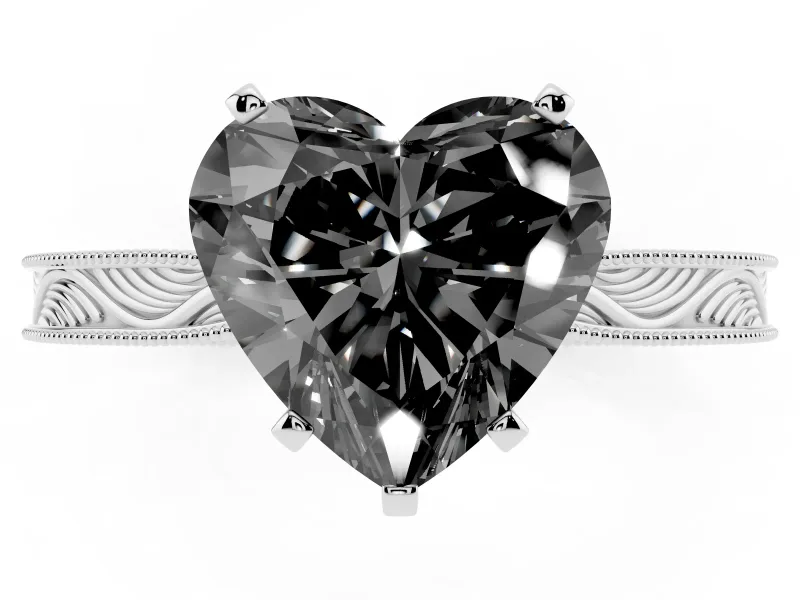 Heart-Shaped Engraved Solitaire Engagement Ring Setting for a Black Center | Sterling Silver