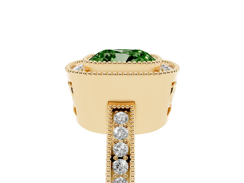 Cushion Cut Milgrain Halo Engagement Ring Setting for a Fancy Green Lab-Grown Diamond | Yellow Gold