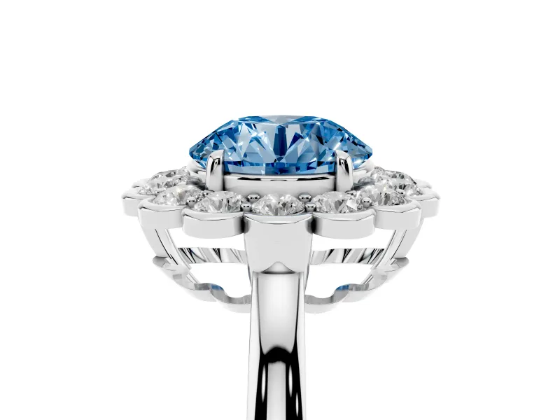 Round Scalloped Cluster Halo Engagement Ring Setting for a Fancy Blue Lab-Grown Diamond | Plain Band | Platinum