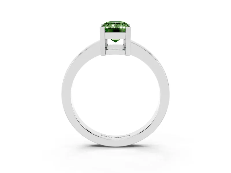 Fancy Green Emerald Cut Diamond Solitaire Ring Set in White gold with Prong Head and Smooth Polished Band