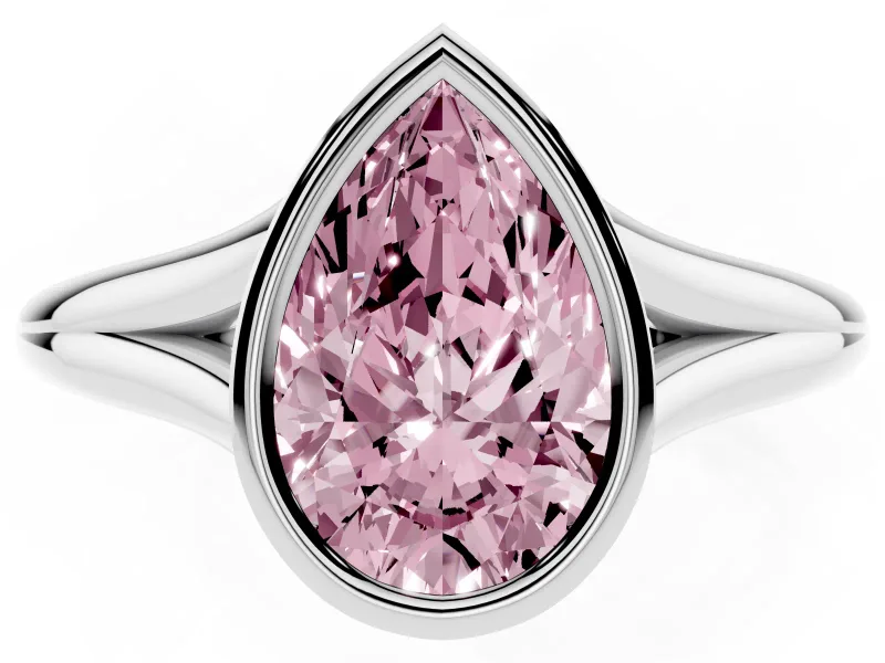 Fancy Pink Bezel Set Pear Cut Diamond Solitaire Ring Set in White gold with Tapered Band