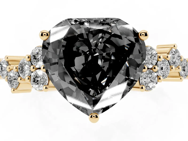 Heart-Shaped Scattered Accent Engagement Ring Setting for a Black Center | Slim Band | Yellow Gold