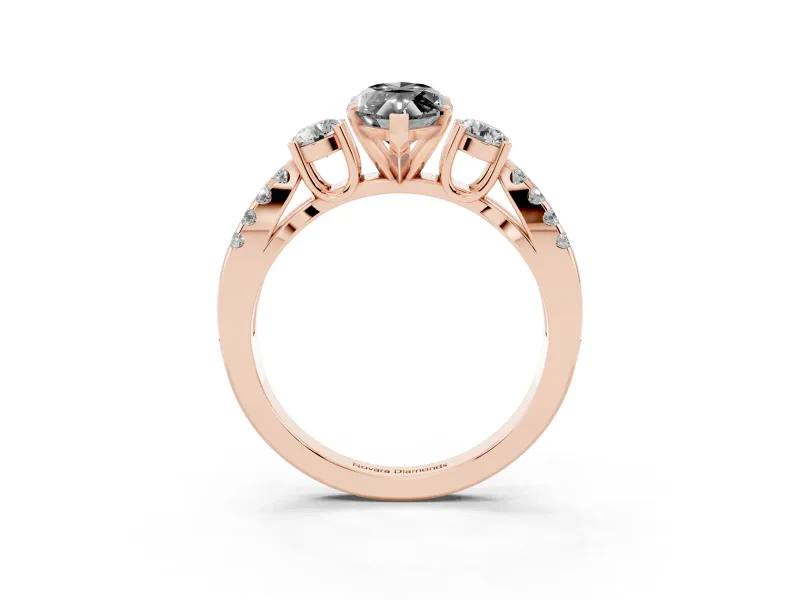 Fancy Black Marquise Cut Diamond Three-Stone Ring Set in Rose gold with Pavé Split Shank and Prong Setting