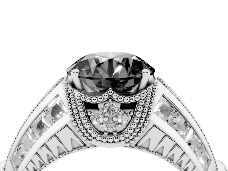 Fancy Black Round Cut Diamond Vintage-Inspired Milgrain Ring Set in Platinum with Accent Split Shank