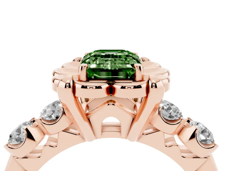 Emerald Cut Floral Engagement Ring Setting for a Fancy Green Lab-Grown Diamond | Petal Frame and Side Stones | Rose Gold