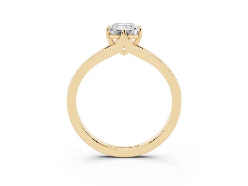 Emerald Cut Diamond Solitaire Ring Set in Yellow gold with Polished Tapered Band and Prong Setting