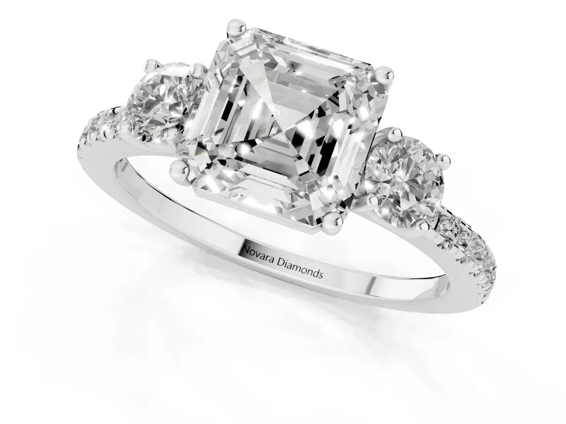 Asscher Cut Three Stone Engagement Ring Setting | Pave Shoulders | Platinum