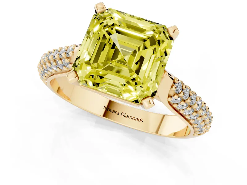Fancy Yellow Asscher Cut Diamond Solitaire Engagement Ring Set in Yellow gold with Multi-Row Round Pavé Band and Prong Setting