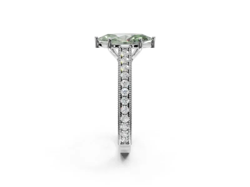 Marquise Vintage Engraved Pavé Engagement Ring Setting for a Fancy Green Lab-Grown Diamond | Milgrain Edges | White Gold
