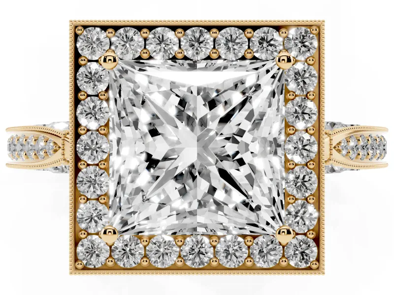 Princess Cut Vintage Milgrain Halo Engagement Ring Setting | Side Stones and Pave | Yellow Gold