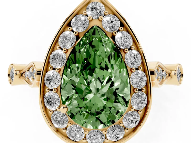 Pear-Shaped Halo Engagement Ring Setting for a Fancy Green Lab-Grown Diamond | Bezel Station Shoulders | Yellow Gold