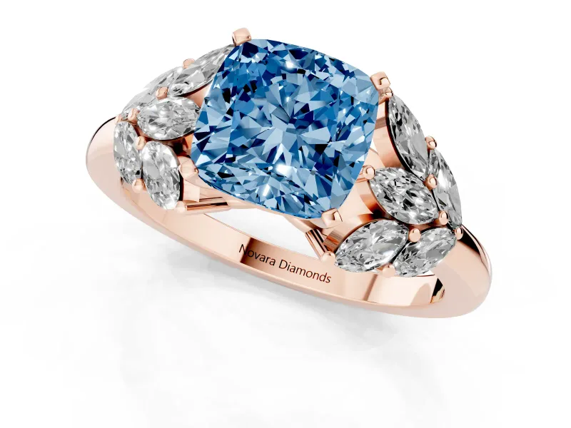 Fancy Blue Cushion Cut Diamond Cluster Leaf Design Ring Set in Rose gold with Prong Setting