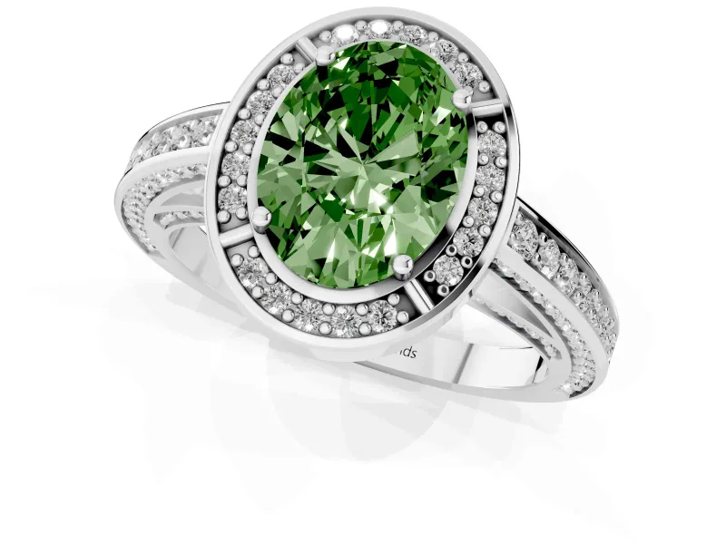 Fancy Green Oval Cut Diamond Halo Pavé Split Shank Ring Set in Silver with Prong Setting