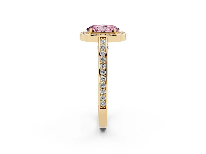 Fancy Pink Oval Cut Diamond Halo Pavé Split Shank Ring Set in Yellow gold with Prong Setting