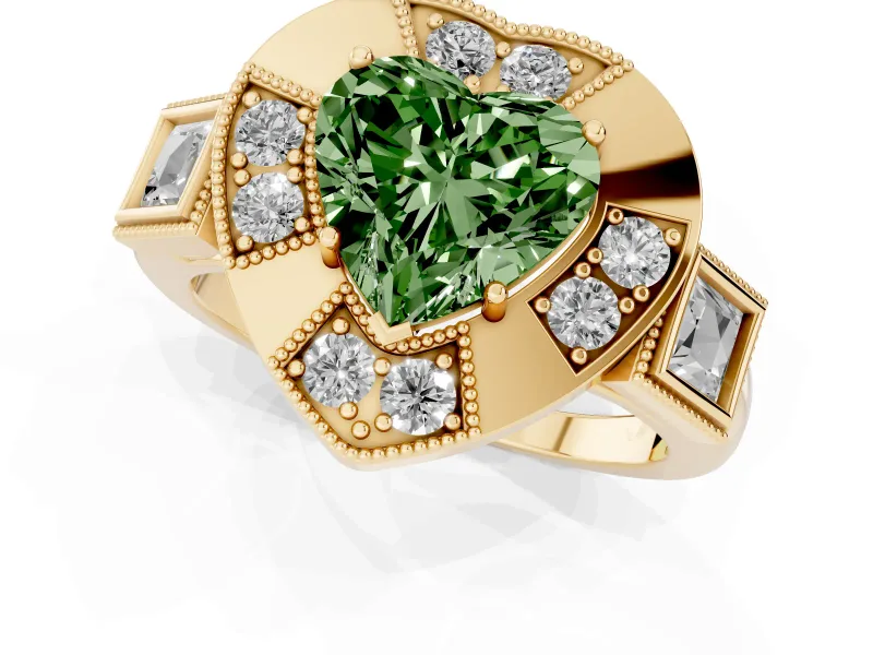 Fancy Green Heart Cut Diamond Milgrain Halo Ring Set in Yellow gold with Split Shank