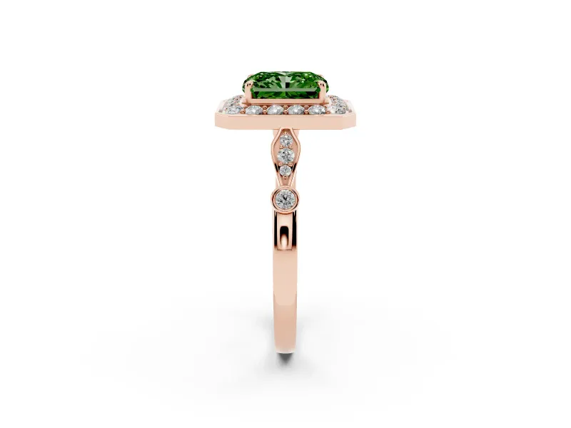 Radiant Cut Halo Engagement Ring Setting for a Fancy Green Lab-Grown Diamond | Bezel Station Shoulders | Rose Gold