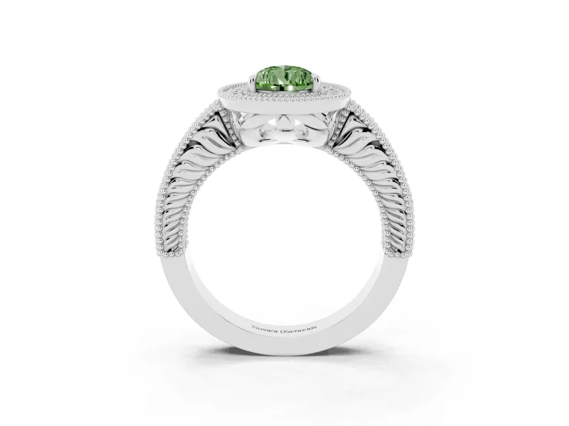Fancy Green Pear Cut Diamond Halo Ring Set in Silver with Round Accent Halo, Pavé Band and Prong Setting