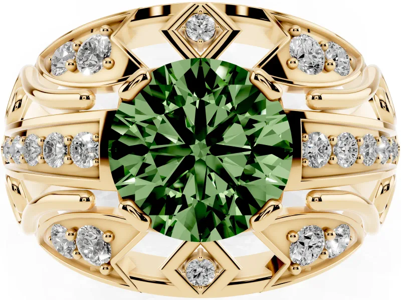 Round Art Deco Graduated Engagement Ring Setting for a Fancy Green Lab-Grown Diamond | Yellow Gold