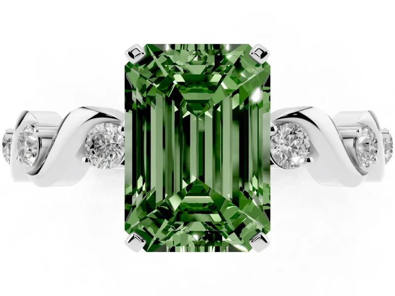 Fancy Green Emerald Cut Diamond Solitaire Ring Set in Silver with Ribbon Twist Band, Round Accents and Prong Setting