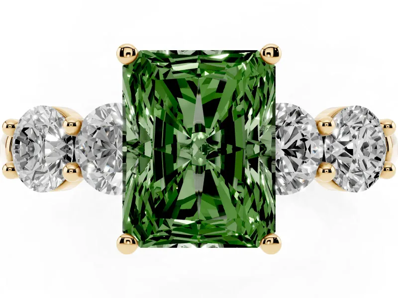 Radiant Cut Five Stone Engagement Ring Setting for a Fancy Green Lab-Grown Diamond | Prong Set Side Stones | Yellow Gold