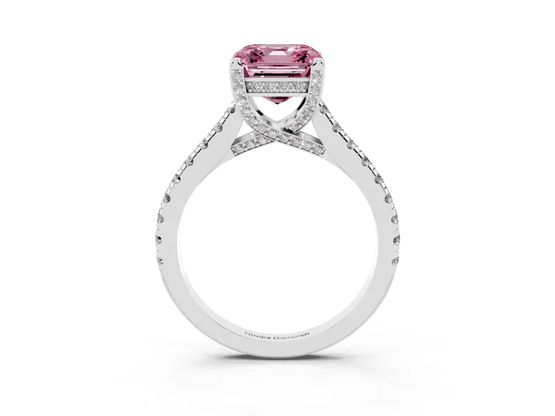 Asscher Cut Hidden Halo Pave Engagement Ring Setting for a Fancy Pink Lab-Grown Diamond | Claw Prongs | Sterling Silver