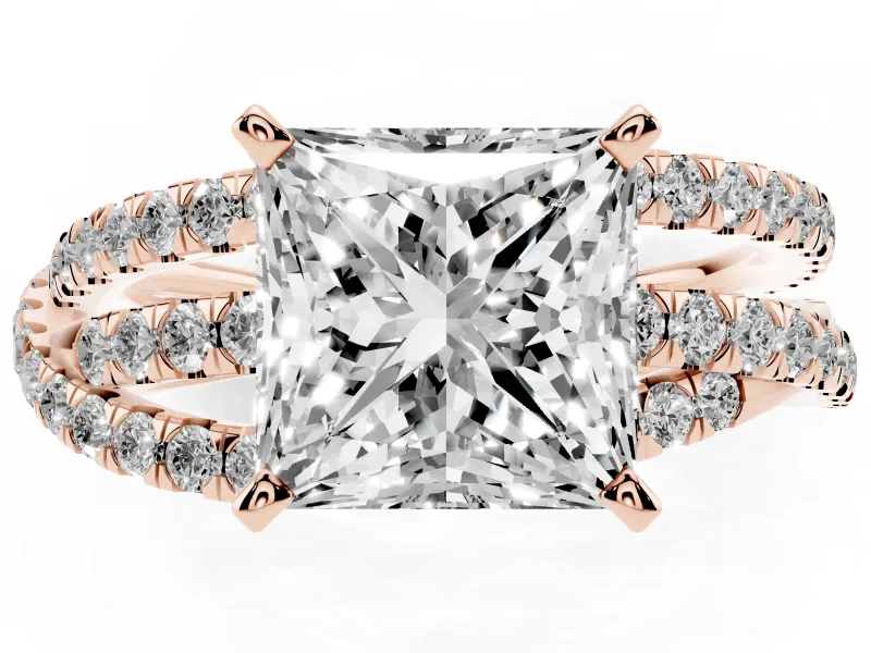 Princess Cut Diamond Solitaire Twist Band Ring Set in Rose gold with Pavé Setting and Prong Head