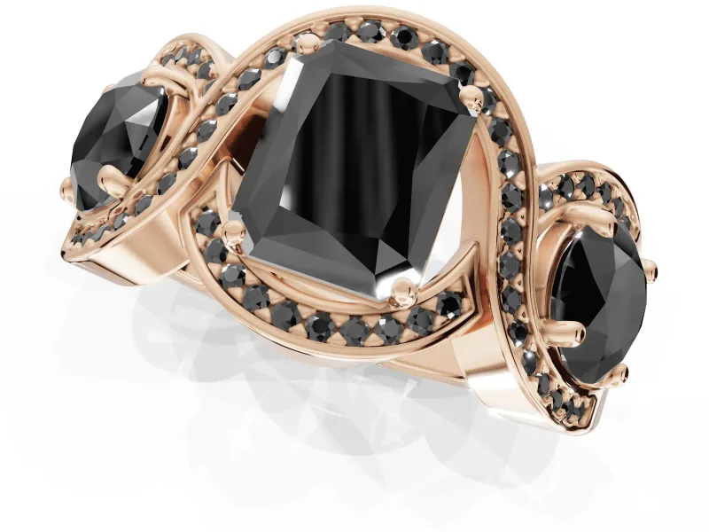 Radiant Cut Three Stone Halo Engagement Ring Setting for a Black Center | Pavé Wave Band | Rose Gold