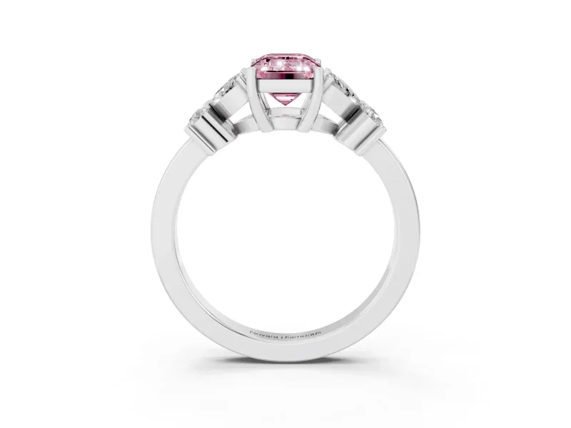 Fancy Pink Emerald Cut Diamond Floral Cluster Ring Set in Platinum with Marquise Petals and Prong Setting