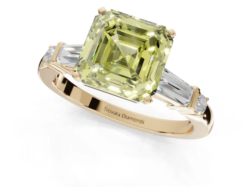 Asscher Cut Tapered Baguette Engagement Ring Setting for a Fancy Yellow Lab-Grown Diamond | Bar Set Sides | Yellow Gold