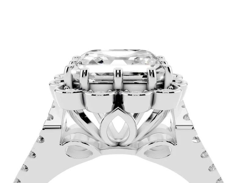 Asscher Cut Petal Frame Floral Halo Engagement Ring Setting | Pavé Split Shank | White Gold