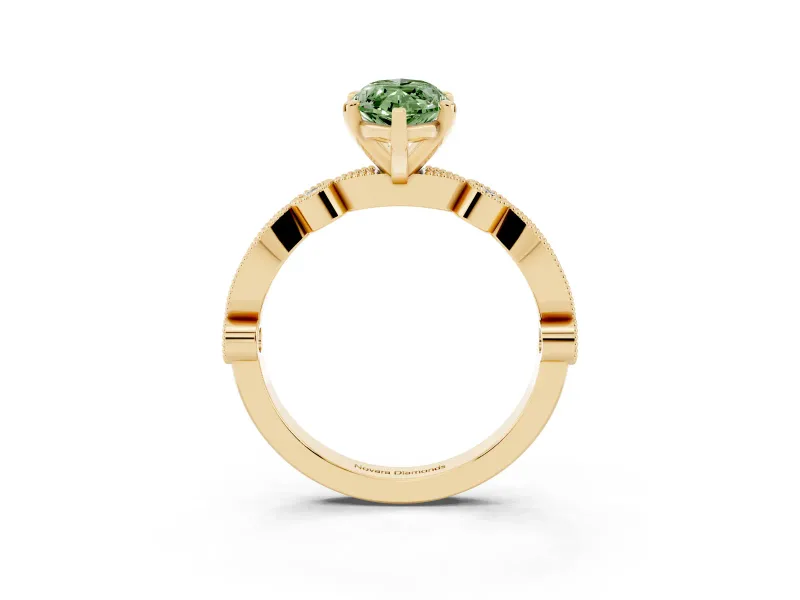 Fancy Green Marquise Cut Diamond Solitaire Engagement Ring Set in Yellow gold with Milgrain Bezel Accent Band